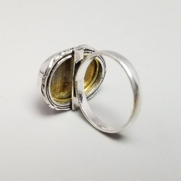 Vintage Tigers Eye Ring, Oval Shape Cabochon Silver Tone Bezel Set, Size 7 Band - Picture 6 of 7
